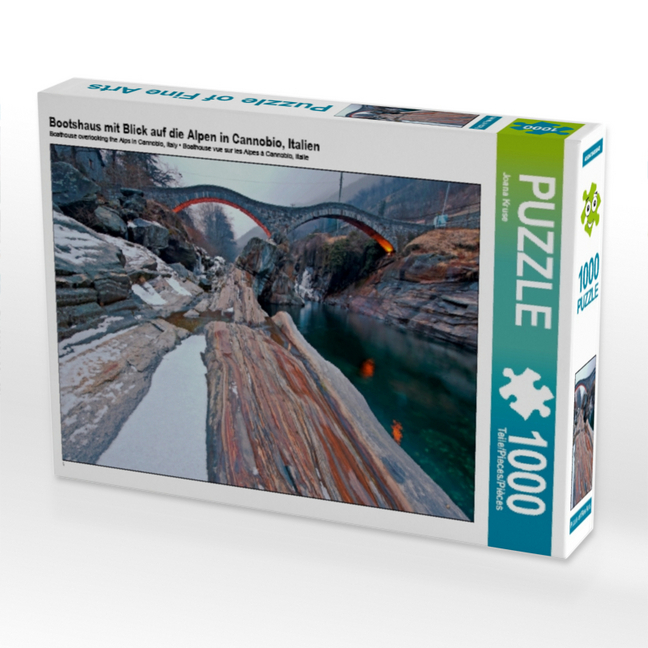 Bootshaus mit Blick auf die Alpen in Cannobio, Italien (Puzzle)