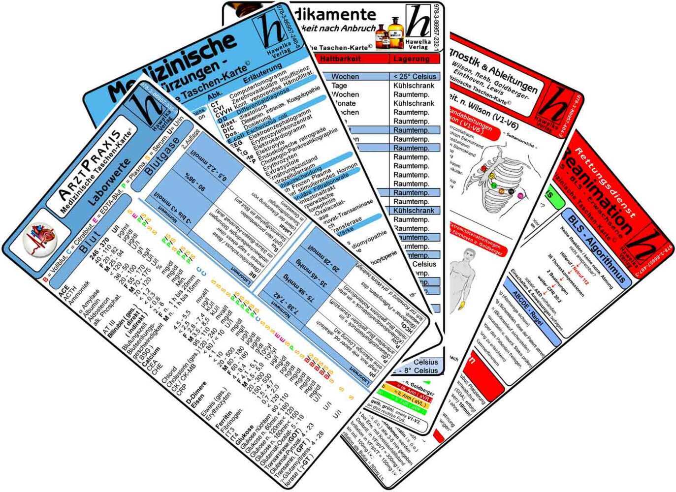 Arztpraxis Karten-Set - Labor Normwerte, Medikamente, Medizinische Abkürzungen, EKG Diagnostik & Ableitungen, Reanimation