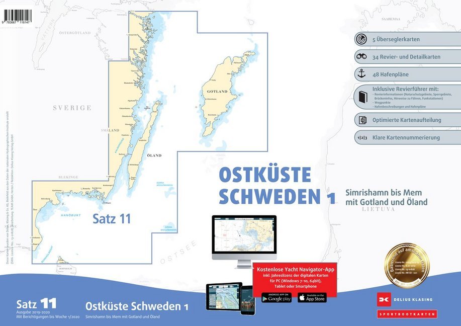 Delius Klasing-Sportbootkarten: Ostküste Schweden Ausgabe 2019/2020 (berichtigt bis Woche 1/2019, m. CD-ROM. Tl.1