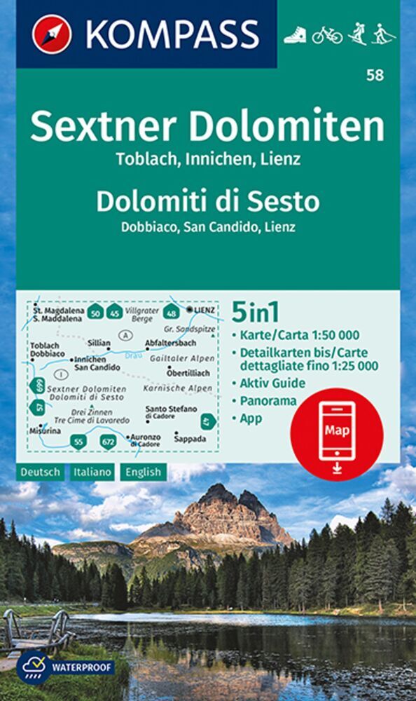 KOMPASS Wanderkarte 58 Sextner Dolomiten, Dolomit di Sesto, Toblach, Dobbiaco, Innichen, San Candido, Lienz 1:50.000