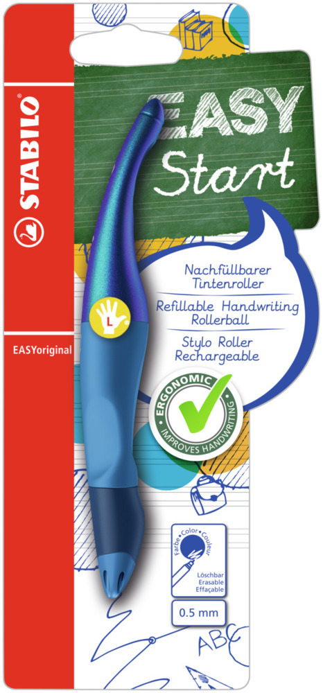 Ergonomischer Tintenroller für Linkshänder - STABILO EASYoriginal Holograph Edition in blau -  Einzelstift - Schreibfarbe blau (löschbar) - inklusive Patrone