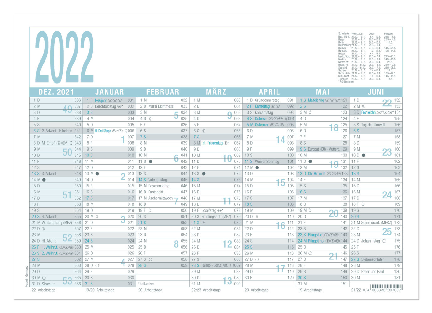 Arbeitstagekalender 2022 - A4 (29,7 x 21 cm) - 7 Monate auf 1 Seite - Tafelkalender - Plakatkalender - Jahresplaner - 909-0000