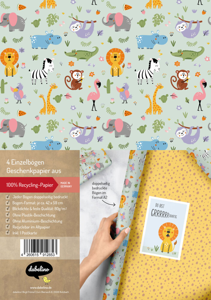 Geschenkpapier-Set für Kinder: Dschungel / Safari Tiere / Zoo