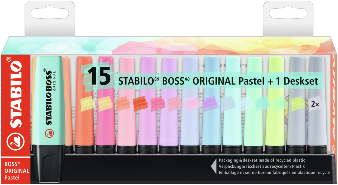 Textmarker - STABILO BOSS ORIGINAL Pastel - 15er Tischset - mit 14 verschiedenen Farben