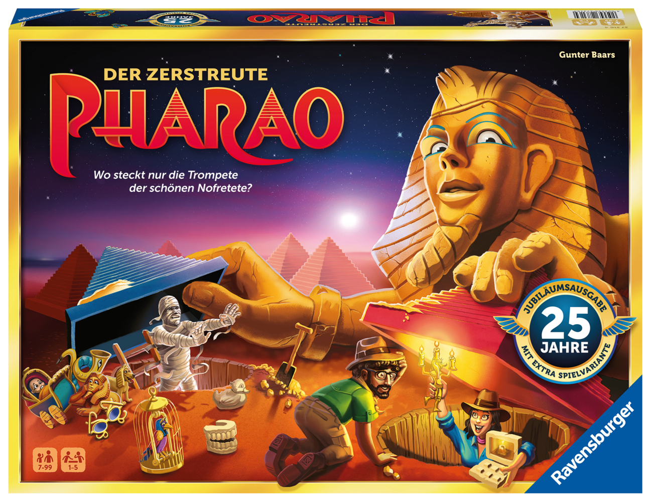 Ravensburger 27316 - Der zerstreute Pharao - 25 Jahre Jubiläumsausgabe - Gesellschaftsspiel für die ganze Familie, für Erwachsene und Kinder ab 7 Jahren, 1-5 Spieler - Schätze suchen, Die besten Familienspiele