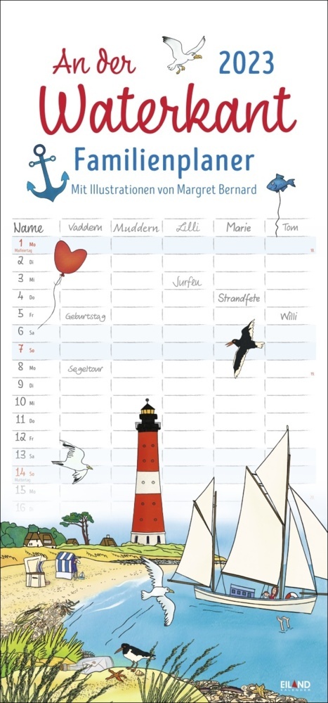 An der Waterkant Familienplaner 2023. Familienkalender mit 5 Spalten. Liebevoll illustrierter Familien-Wandkalender mit Schulferien. Wandplaner 2023 für Nordsee- und Ostsee-Fans.