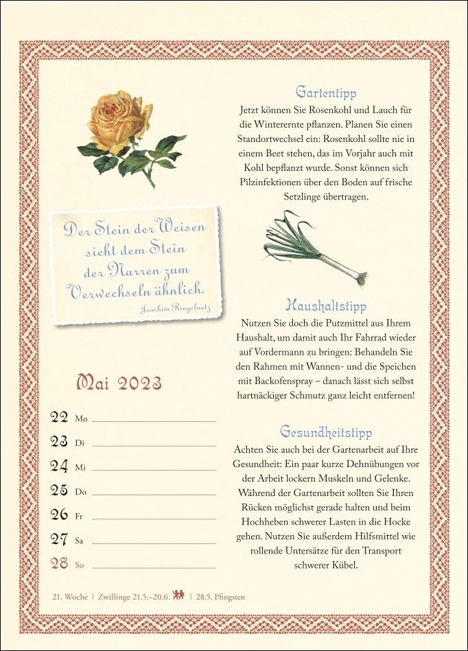 Was Großmutter noch wusste Wochenkalender 2023. Ein Kalender voll nützlicher Tipps für Garten, Haushalt und Gesundheit. Schön gestalteter Bildkalender 2023.