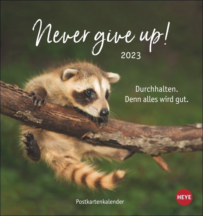 Never give up! Postkartenkalender 2023. Süße Tiere in einem Postkarten-Fotokalender mit motivierenden Botschaften. Kleiner Kalender zum Aufstellen und Aufhängen.
