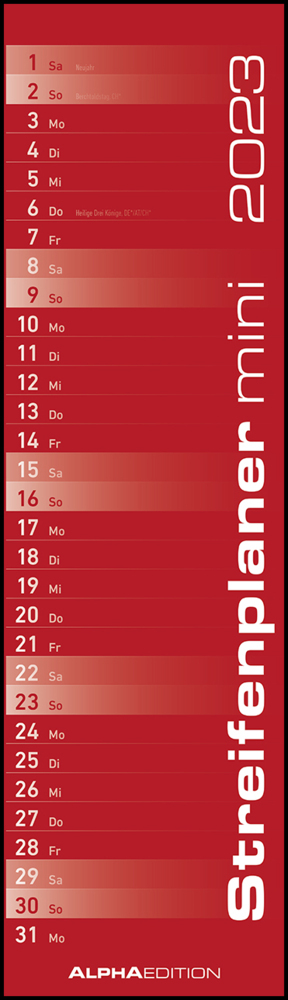 Streifenplaner Mini Rot 2023 - Streifen-Kalender 9,5x33 cm - Küchenkalender - Wandplaner - Alpha Edition