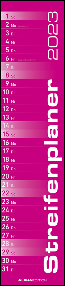 Streifenplaner PINK 2023 - Streifenkalender - Wandplaner - Küchen-Kalender - 11,3x49,5