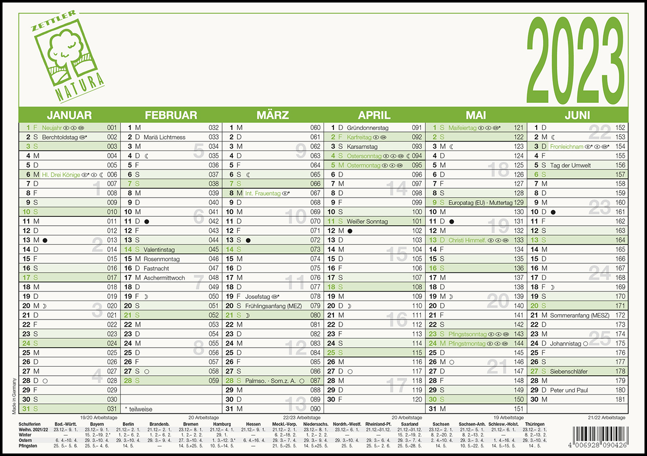 Arbeitstagekalender Recycling 2023 - A5 (21 x 14,8 cm) - 6 Monate auf 1 Seite - Blauer Engel - Tafelkalender - Plakatkalender - Jahresplaner - 904-0700