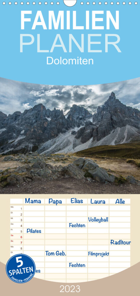 Familienplaner Dolomiten (Wandkalender 2023 , 21 cm x 45 cm, hoch)