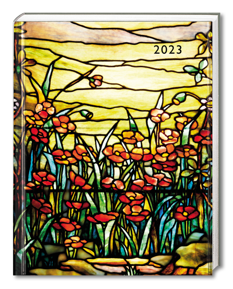 Tiffany - Rote Blumen und ein Bach - Taschenkalender 2023