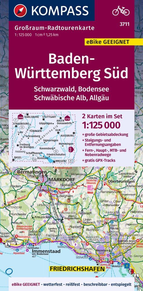 KOMPASS Großraum-Radtourenkarte 3711 Baden-Württemberg Süd, Schwarzwald, Bodensee, Schwäbische Alb, Allgäu, 1:125.000