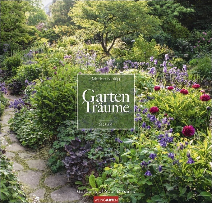 Gartenträume Kalender 2024. Wandkalender mit 12 Fotos romantischer Gärten. Farbenprächtiger Bildkalender für die Wand. Quadratischer Fotokalender.
