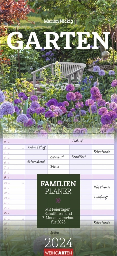 Garten Familienplaner 2024. Großer Foto-Terminkalender mit 5 Spalten für Familien. Schöner Familien-Wandkalender 2024 mit idyllischen Garten-Fotografien. 22x48 cm