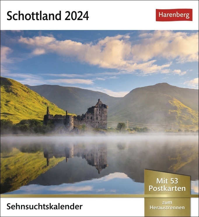 Schottland Sehnsuchtskalender 2024. Postkarten-Fotokalender voll typisch schottischer Motive. Wochenkalender mit Urlaubsfeeling. Die Schönheit Schottlands in einem Kalender. Zum Aufstellen und Aufhängen