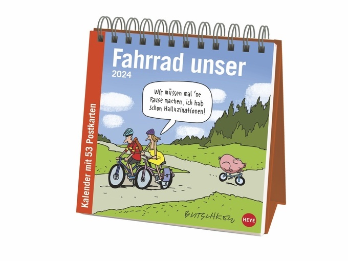 Butschkow: Fahrrad unser Premium-Postkartenkalender 2024. Kleiner Kalender zum Aufstellen mit wöchentlichem Cartoon als Postkarte zum Sammeln und Verschicken.