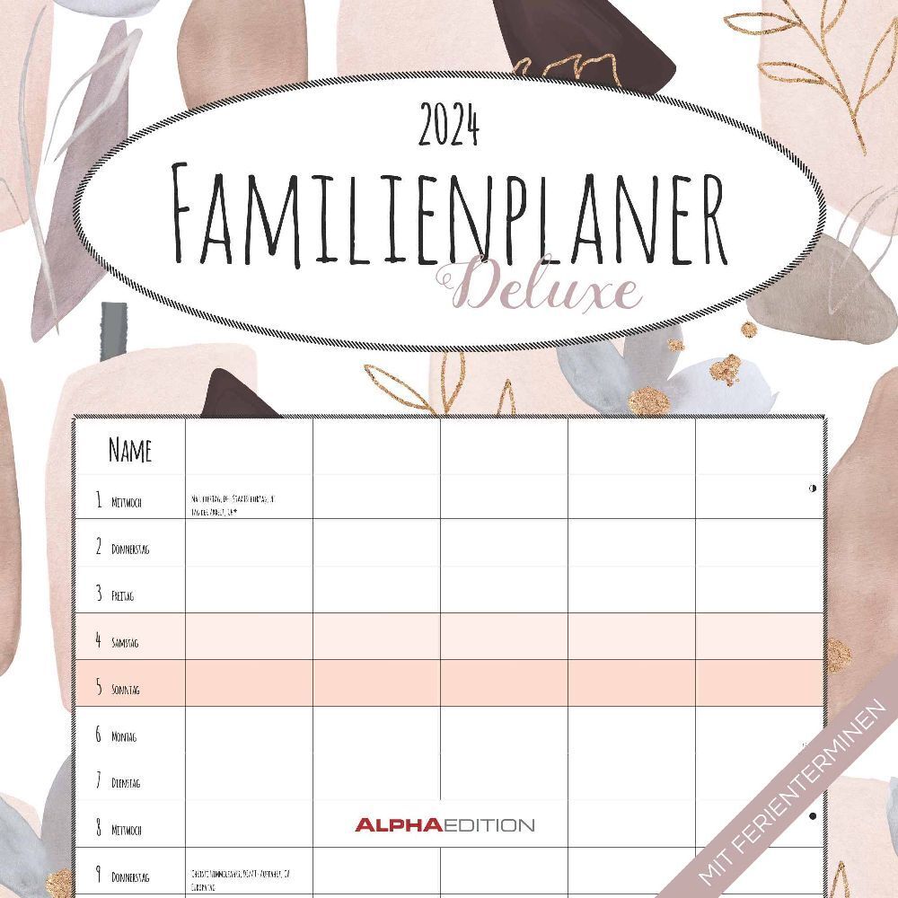 Familienplaner Deluxe 2024 - Broschürenkalender 30x30 cm (30x60 geöffnet) - Kalender mit Platz für Notizen - 5 Spalten - Bildkalender - Wandkalender