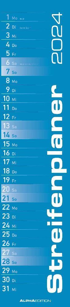 Streifenplaner BLAU 2024 - Streifenkalender - Wandplaner - Küchen-Kalender - 11,3x49,5