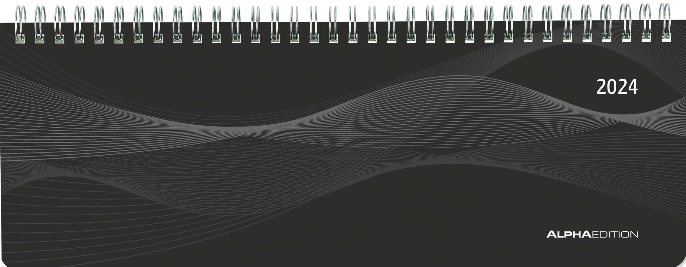 Tisch-Querkalender PP-Cover schwarz 2024 - Büro-Planer 29,7x10,5 cm - Tisch-Kalender - 1 Woche 2 Seiten - Ringbindung - Alpha Edition