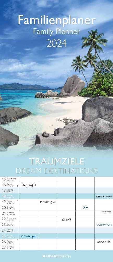 Traumziele 2024 Familienplaner - Familienkalender - Wandkalender - 19,5x45