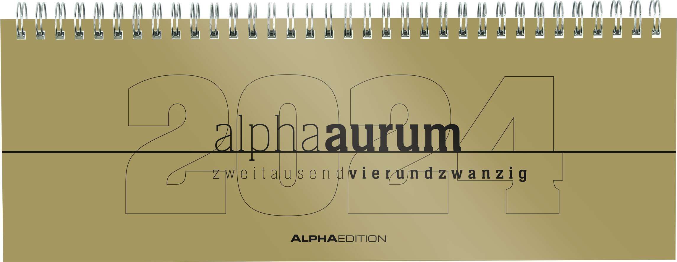 Tisch-Querkalender alpha aurum 2024 - Büro-Planer 29,7x10,5 cm - Tisch-Kalender - 1 Woche 2 Seiten - gold - Ringbindung - Alpha Edition