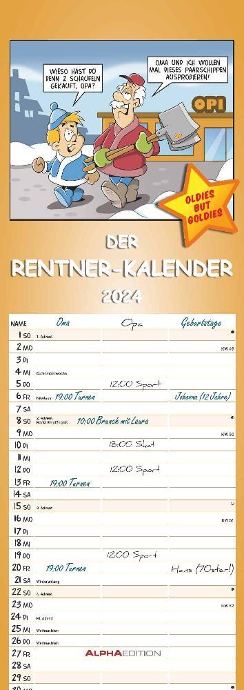 Rentnerkalender 2024 - Streifen-Kalender 15x42 cm - mit lustigen Cartoons - Humor-Kalender - Wandplaner - Alpha Edition