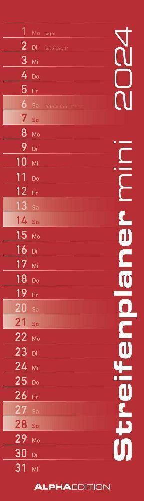Streifenplaner Mini Rot 2024 - Streifen-Kalender 9,5x33 cm - Küchenkalender - Wandplaner - Alpha Edition