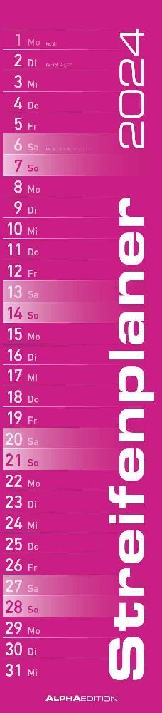 Streifenplaner PINK 2024 - Streifenkalender - Wandplaner - Küchen-Kalender - 11,3x49,5