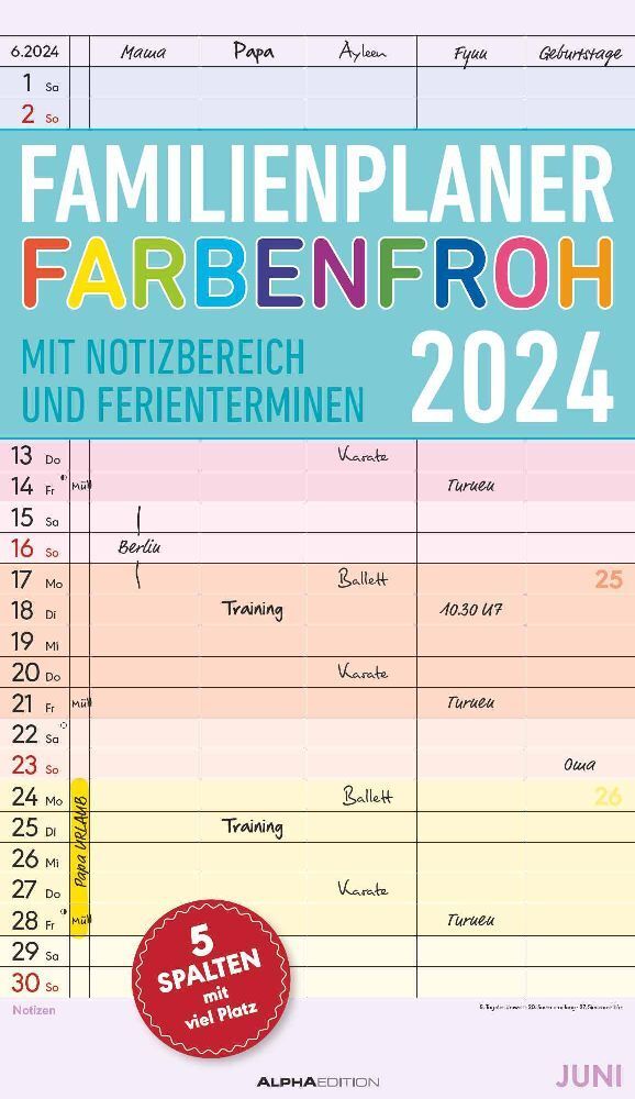 Familienplaner Farbenfroh 2024 mit 5 Spalten - Familienkalender 26x45 cm - Offset-Papier - mit Ferienterminen - Wandkalender - Wandplaner