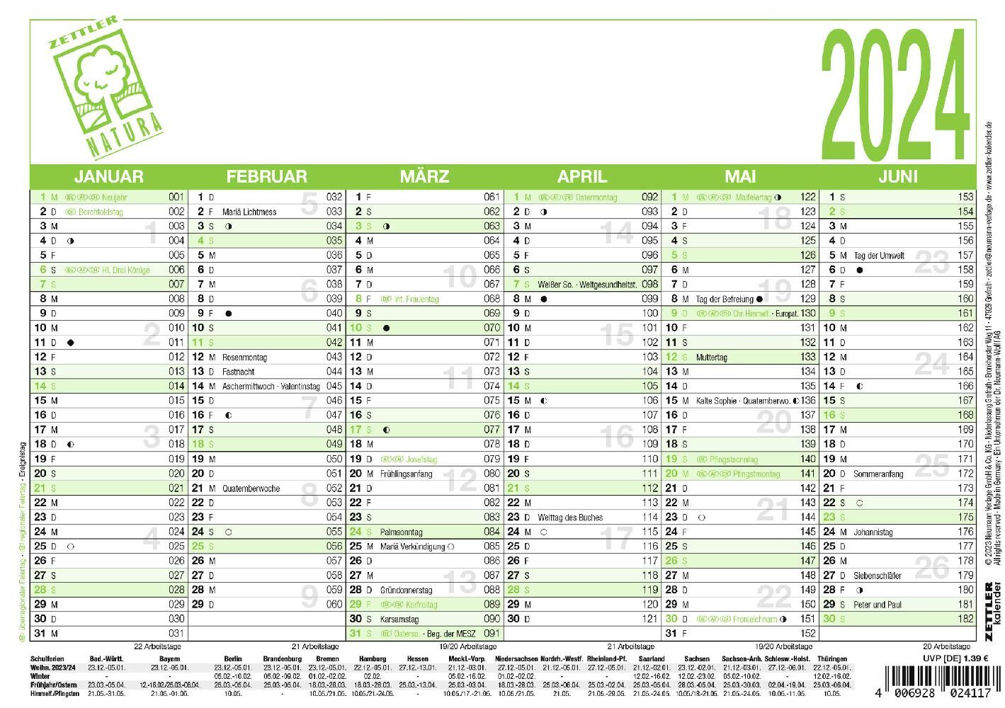 Arbeitstagekalender Recycling 2024 - A5 (21 x 14,8 cm) - 6 Monate auf 1 Seite - Blauer Engel - Tafelkalender - Plakatkalender - Jahresplaner - 904-0700