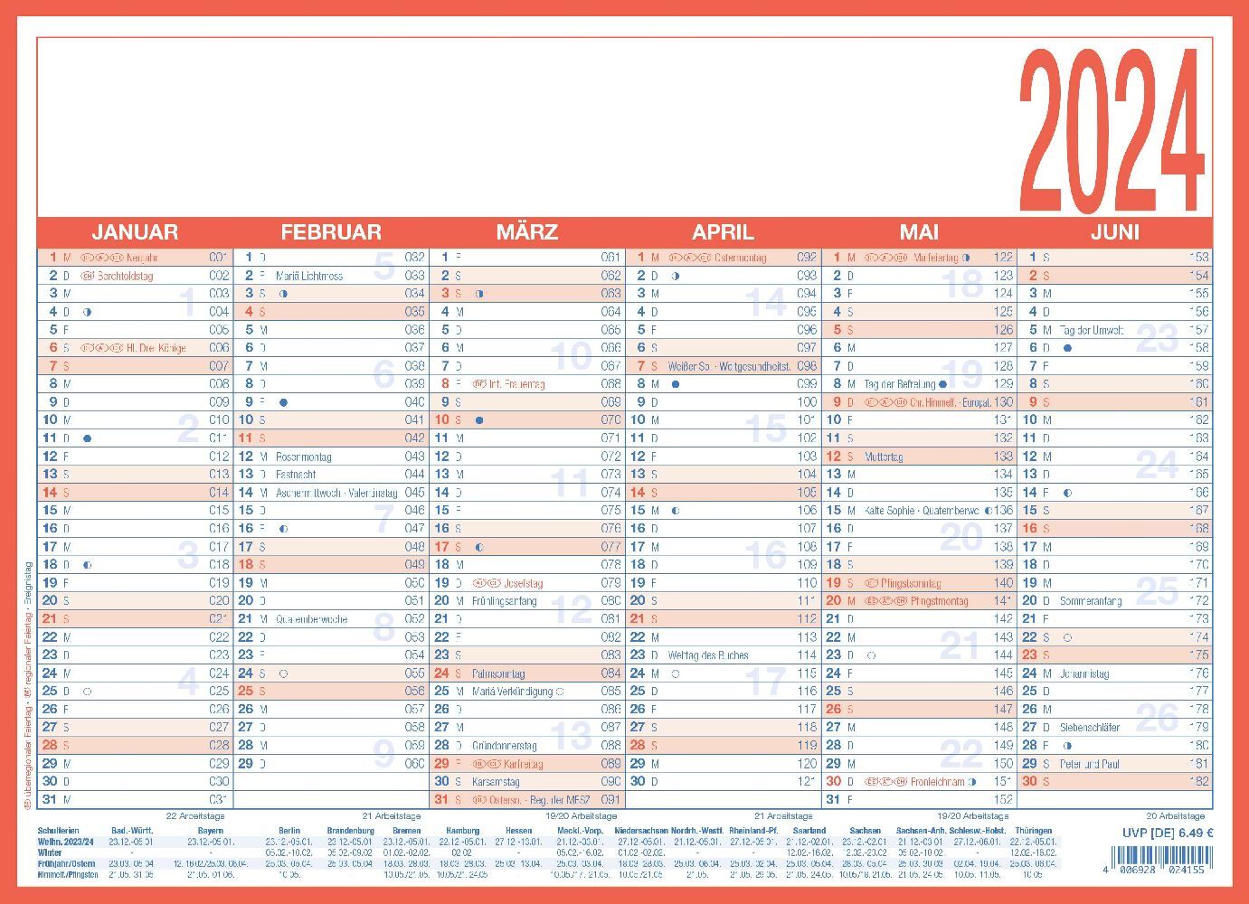 Arbeitstagekalender 2024 - A4 (29 x 21 cm) - 6 Monate auf 1 Seite -  Tafelkalender - auf Pappe kaschiert - Jahresplaner - 908-1315