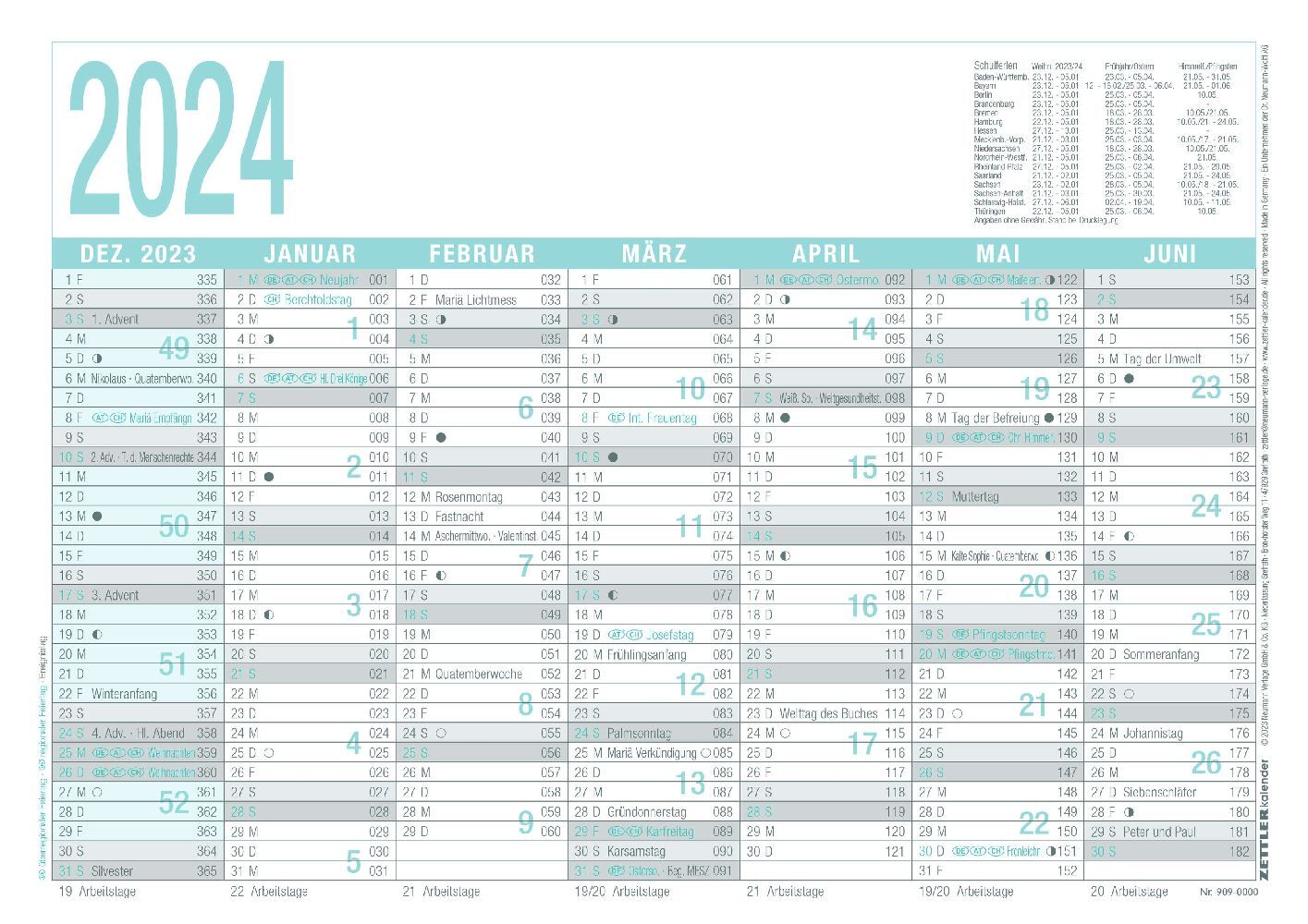 Arbeitstagekalender grau/türkis 2024 - A4 (29,7 x 21 cm) - 7 Monate auf 1 Seite - Tafelkalender - Plakatkalender - Jahresplaner - 909-0000
