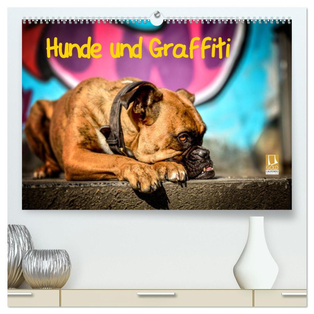 Hunde und Graffiti (hochwertiger Premium Wandkalender 2024 DIN A2 quer), Kunstdruck in Hochglanz