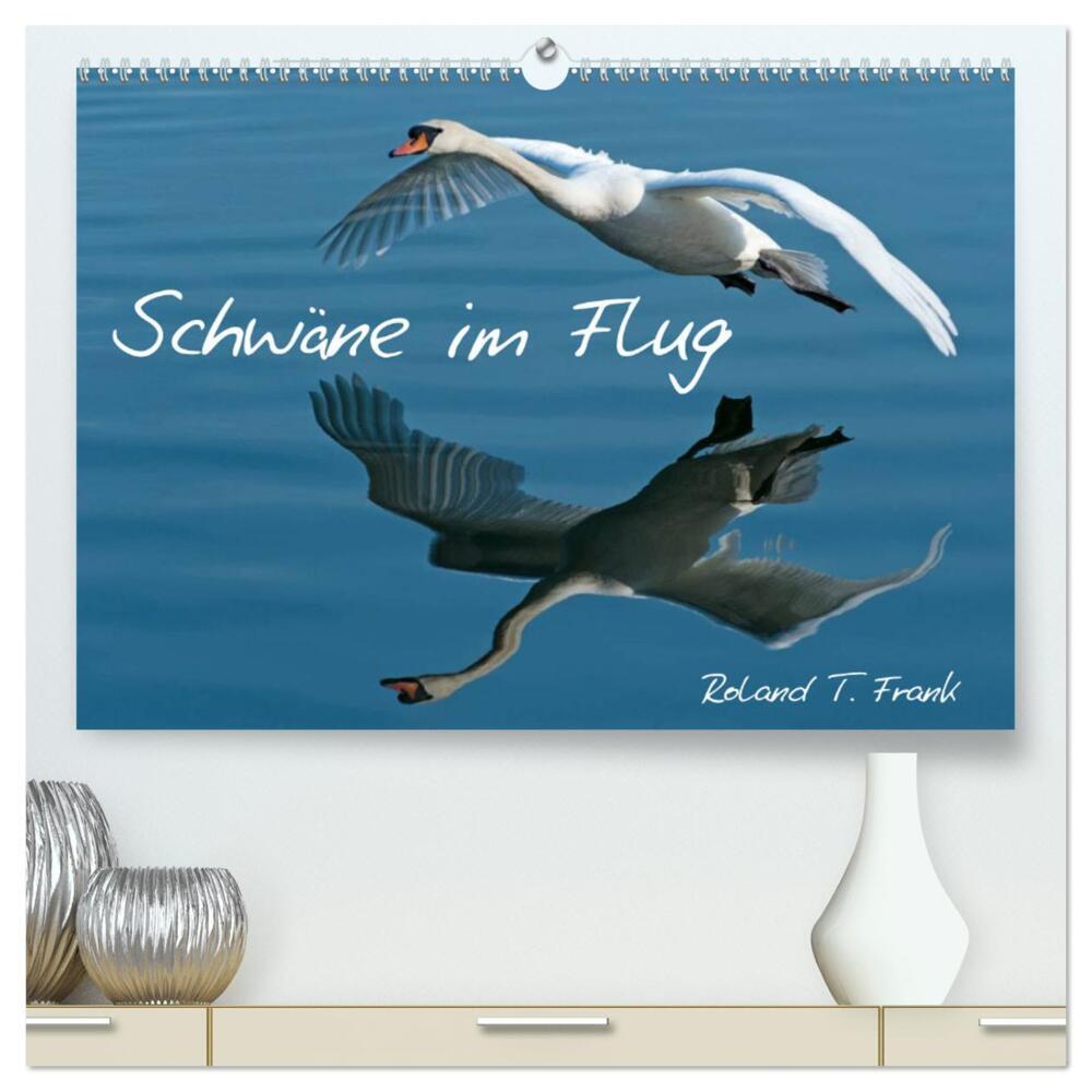 Schwäne im Flug (hochwertiger Premium Wandkalender 2024 DIN A2 quer), Kunstdruck in Hochglanz