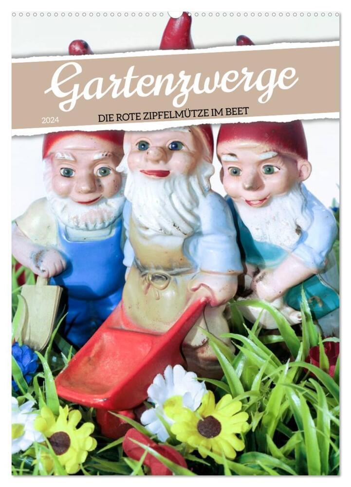 Gartenzwerge: Die rote Zipfelmütze im Beet (Wandkalender 2024 DIN A2 hoch), CALVENDO Monatskalender