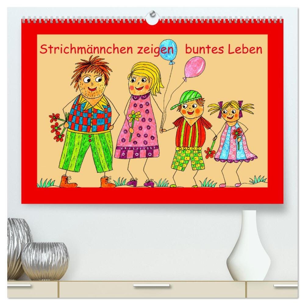 Strichmännchen zeigen buntes Leben (hochwertiger Premium Wandkalender 2024 DIN A2 quer), Kunstdruck in Hochglanz