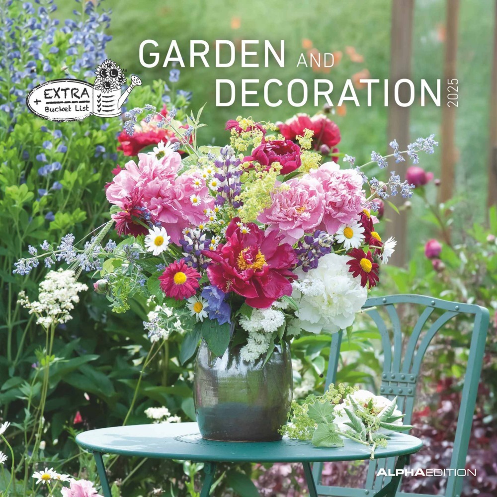 Alpha Edition - Garden & Decoration 2025 Broschürenkalender, 30x30cm, Wandkalender mit Platz für Notizen und Termine, hochwertige Bildmotive, Mondphasen, Monatsübersicht und Ferientermine DE/AT/CH