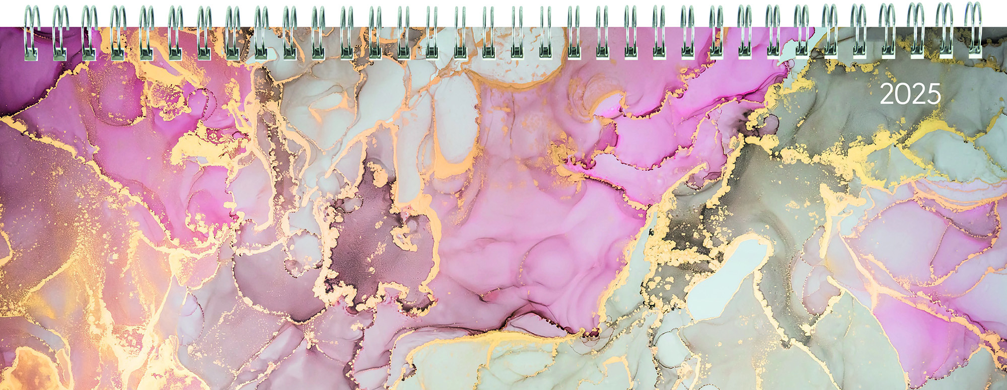 Zettler - Tisch-Querkalender 2025 Marmor, 29,7x10,5cm, Bürokalender mit 128 Seiten, 1 Woche auf 2 Seiten, Monatsübersicht, Notizbereich, Mondphasen, Ringbindung und deutsches Kalendarium