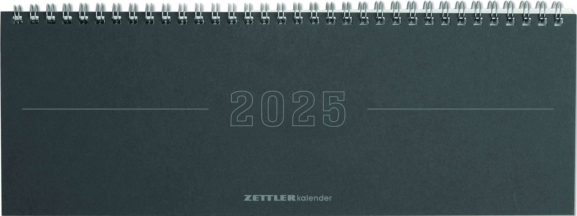 Zettler - Tisch-Querkalender Papyrus 2025 grau, 29,7x10,5cm, Bürokalender mit 112 Seiten, Monatsübersicht, Notizbereich, Mondphasen, Jahresübersicht, Ringbindung und deutsches Kalendarium