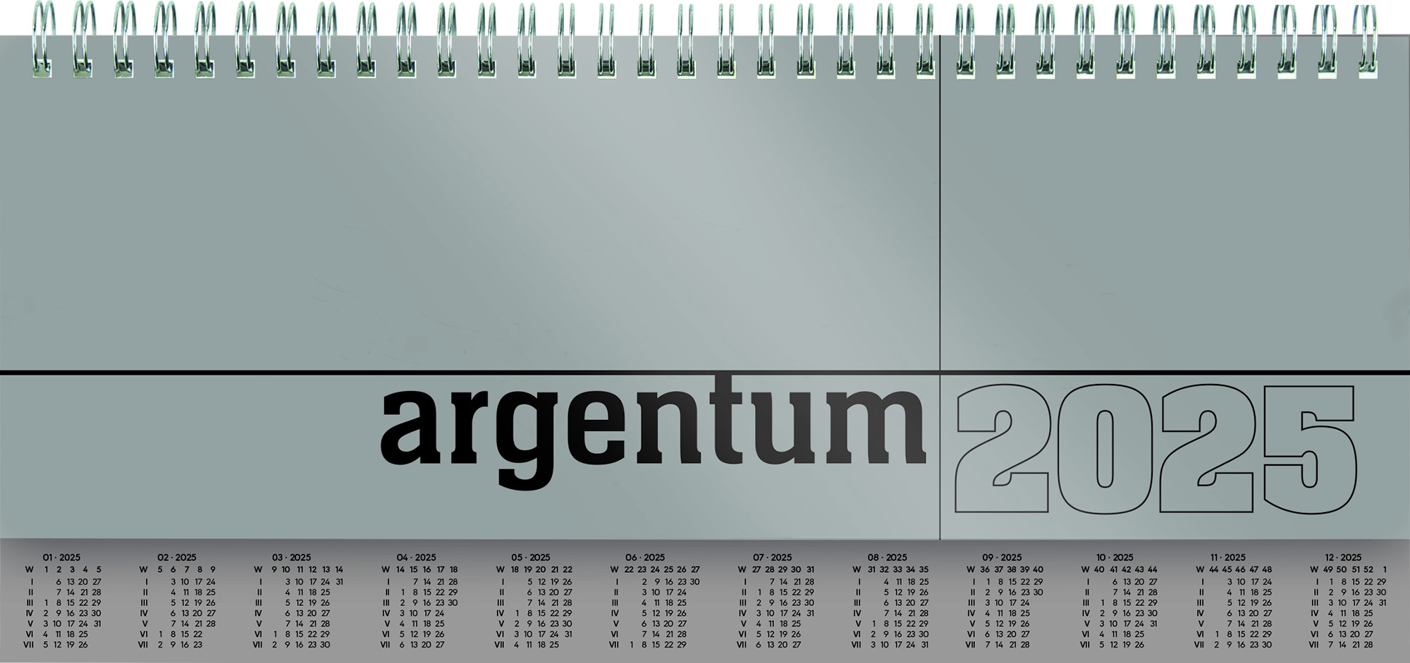 Zettler - Tisch-Querkalender 2025 argentum, 29,7x13,5cm, Bürokalender mit 112 Seiten, Monatsübersicht, Notizbereich, Mondphasen, Ringbindung und internationales Kalendarium