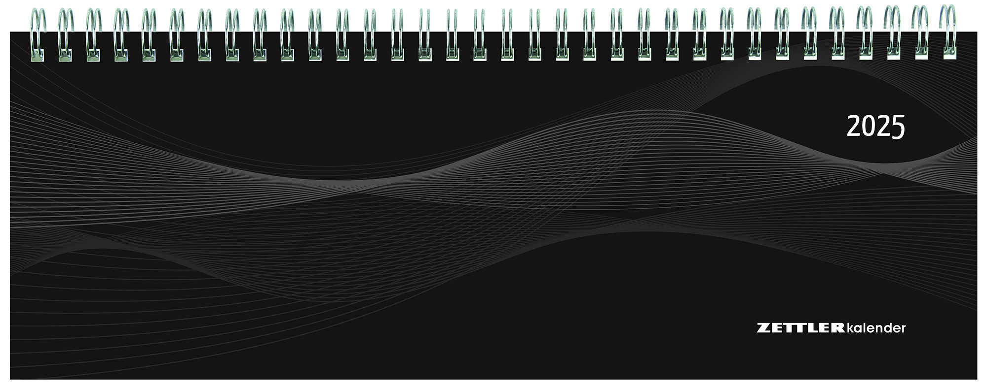 Zettler - Tisch-Querkalender 2025 schwarz, 29,7x10,5cm, Bürokalender mit 112 Seiten, Monatsübersicht, Notizbereich, Mondphasen, Jahresübersicht, Ringbindung und internationales Kalendarium