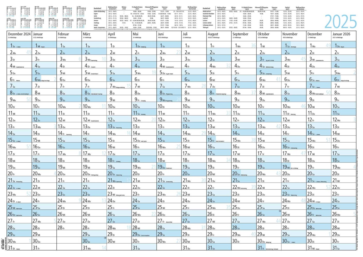 Zettler - Jahresplaner 2025, 86x61cm, Plakatkalender mit 14 Monaten auf 1 Seite, Mondphasen, Arbeitstage-, Tages- und Wochenzählung, Ferientermine und deutsches Kalendarium