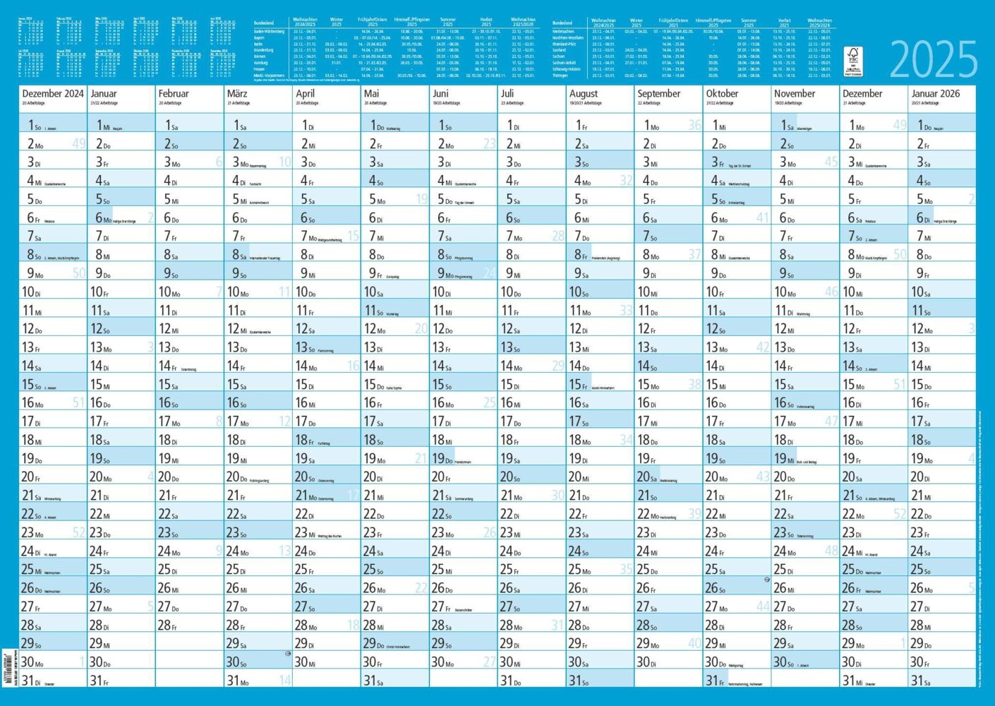 Zettler - Jahresplaner 2025, 86x61cm, Plakatkalender mit 14 Monaten auf 1 Seite, Mondphasen, Arbeitstage-, Tages- und Wochenzählung, Ferientermine und deutsches Kalendarium