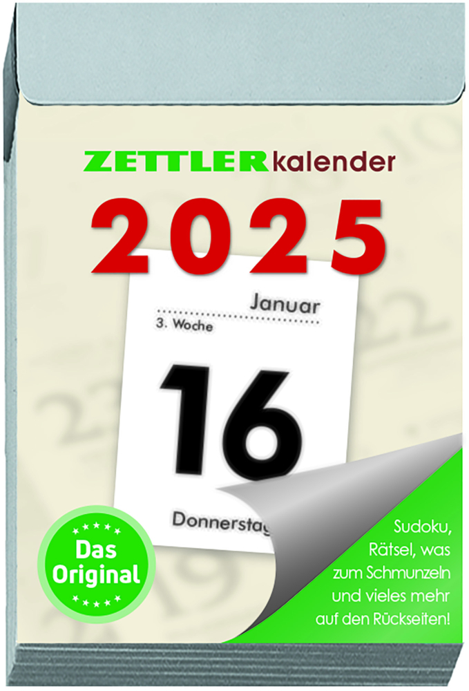 Zettler - Tagesabreißkalender 2025 S, 4,1x5,9cm, Abreißkalender mit Sudokus, Sonnen- und Mondzeiten, Namenstage, hellgraue Patentklammer,  mit Aufhängung und deutsches Kalendarium