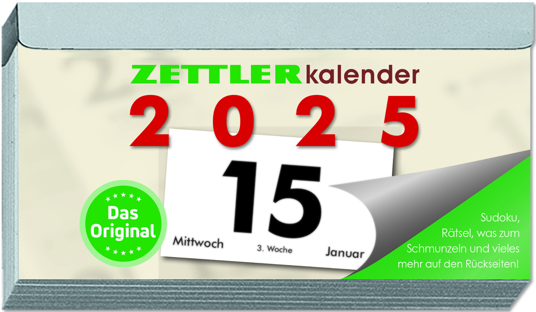 Zettler - Tagesabreißkalender 2025 Q, 10,9x5,9cm, Abreißkalender mit Sudokus, Sonnen- und Mondzeiten, Namenstage, hellgraue Patentklammer,  mit Aufhängung und deutsches Kalendarium