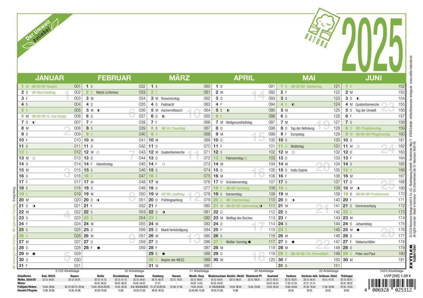 Zettler - Arbeitstagekalender Recycling 2025 weiß/rot, 21x14,8cm, Kalender mit Monatsübersicht, 6 Monate auf 1 Seite, Blauer Engel, Arbeitstage-, Tages- und Wochenzählung und deutsches Kalendarium