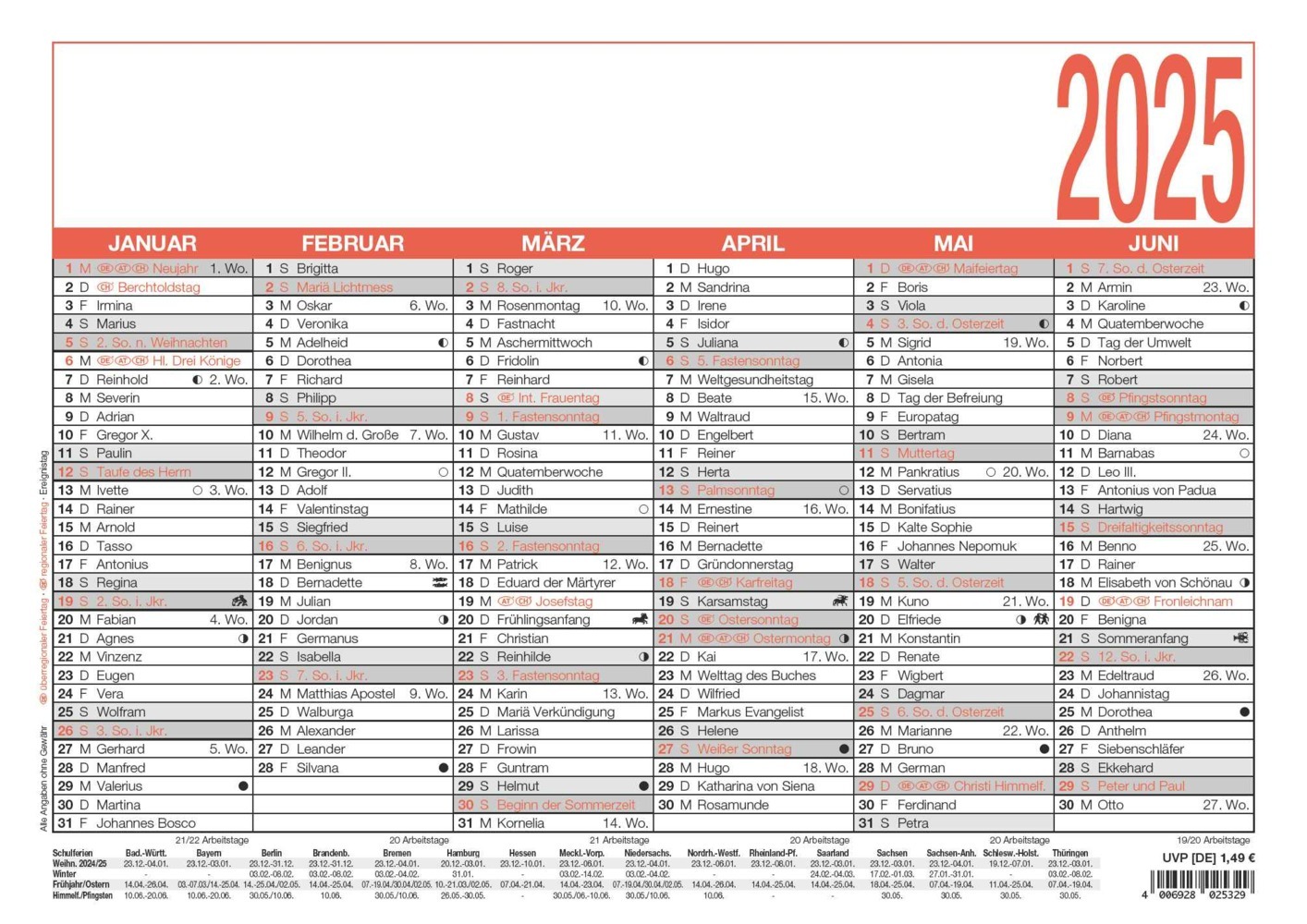 Zettler - Namenstagekalender 2025 weiß/rot, 29,7x21cm, Plakatkalender mit Jahresübersicht, 6 Monate auf 1 Seite, Namenstage, Arbeitstage-, Tages- und Wochenzählung und deutsches Kalendarium