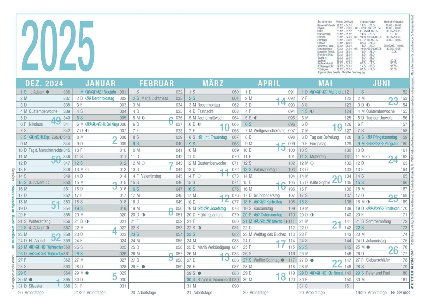 Zettler - Arbeitstagekalender 2025 grau/türkis, 29,7x21cm, Plakatkalender mit 6 Monaten auf 1 Seite, Mondphasen, Arbeitstage-, Tages- und Wochenzählung, Ferientermine und deutsches Kalendarium
